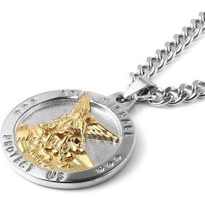 St Michael The Archangel Stainless Steel Amulet Pendant Necklace 22+2" Inch